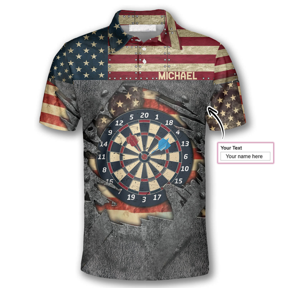 Personalized Custom Name Darts Retro American Flag Custom Polo Shirts for Men