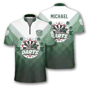 Custom Personalized Name Gradient Green Custom Darts Jerseys for Men, Zipper Polo Shirt for Dart Player