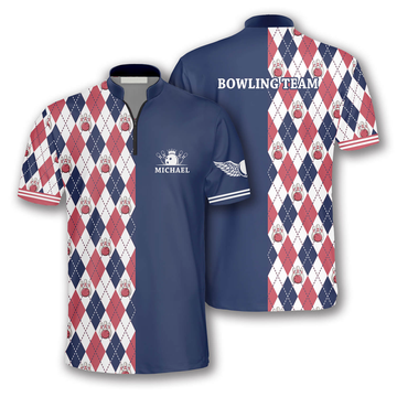 Custom Rhombus Pattern Custom Bowling Jerseys for Men, Personalized Zipper Polo Shirt Bowling Shirt
