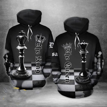 FUNSTUFFPRINT Matching Chess Couple 3D All Over Hoodie King Queen 3D Hoodie and Zip Hoodie