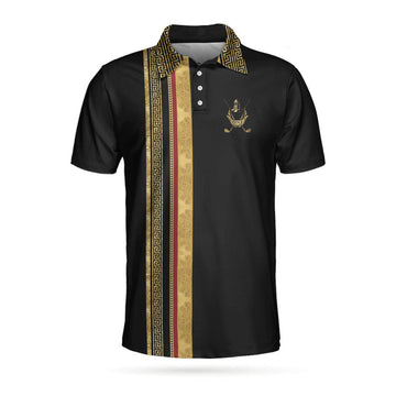 Golf Crusader King Luxury Baroque Pattern Golf Polo Shirt, Elegant Black Golfing Polo Shirt, Best Golf Shirt For Men