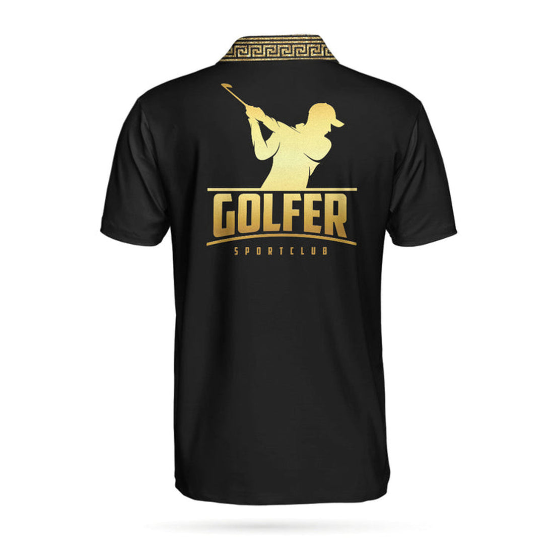 Personalized Luxury Baroque Pattern Golfer Custom Polo Shirt, Golden Greek Key Pattern Golf Shirt For Men