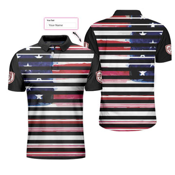 Personalized Vintage American Flag Polo Shirt, Horizontal Stripe Wet Paint Us Flag Polo Shirt, Golf Shirt For Men