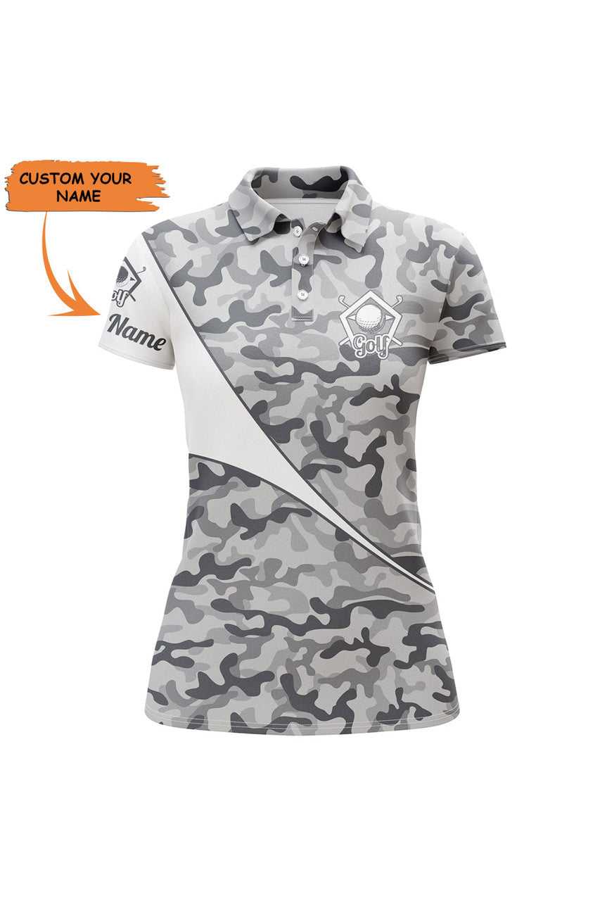 Custom Personalized Gray Camo Golf Shirt Custom Name Women Golf Polo Shirt, Gifts For Golf Lovers