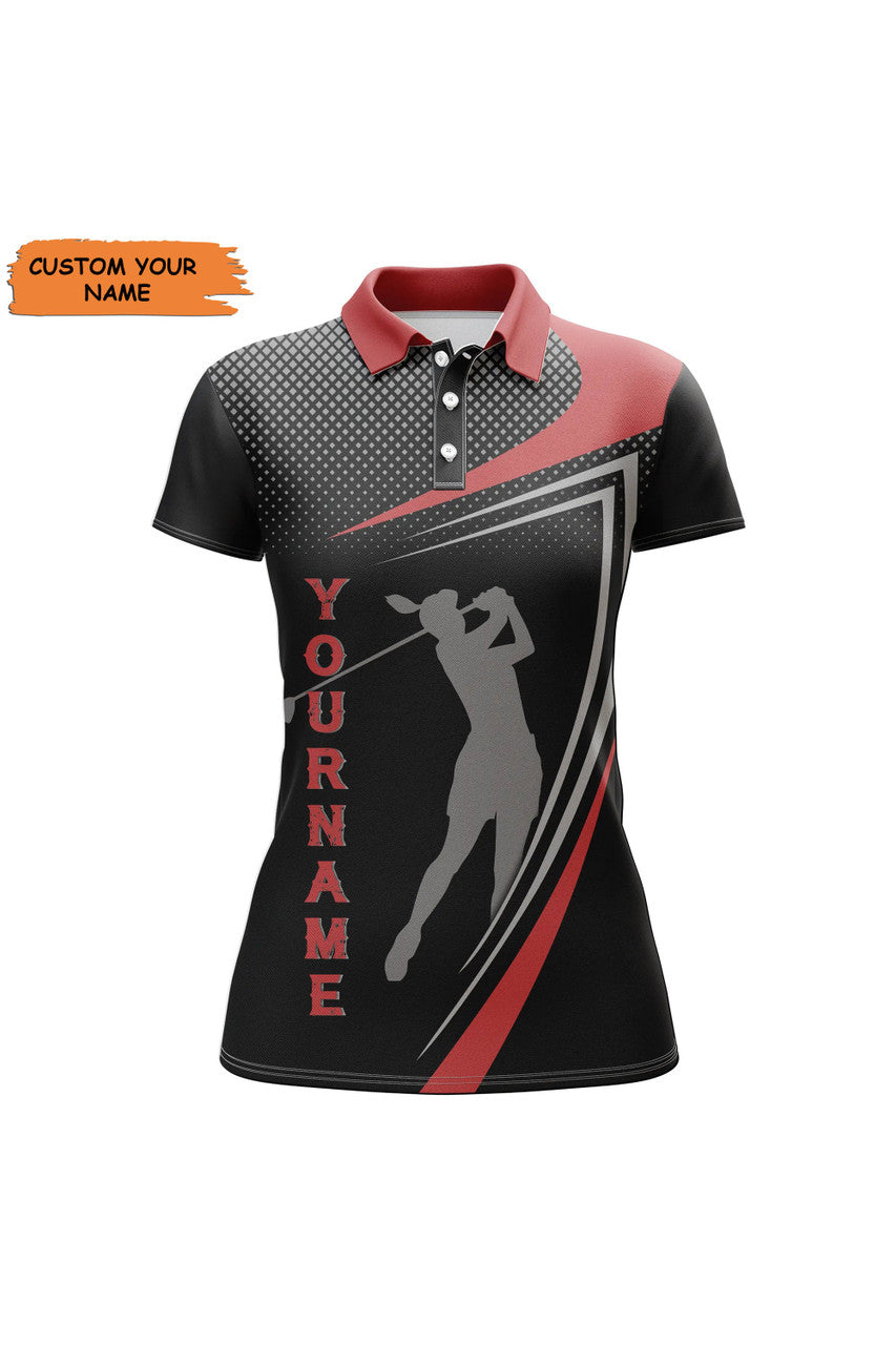 Custom Personalized Red And Black Sports Golf Custom Polo Shirt, Golfer Silhouette Best Golf Shirt For Women