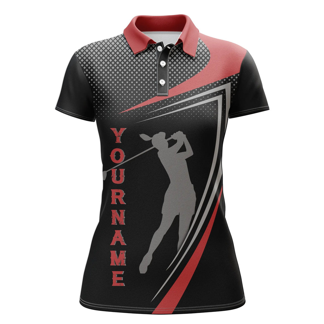 Custom Personalized Red And Black Sports Golf Custom Polo Shirt, Golfer Silhouette Best Golf Shirt For Women