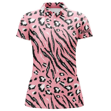 Custom Pink Tiger Leopard Texture Womens Golf Polo Shirts Custom Team Women Golf Shirts, Perfect Gift For Women