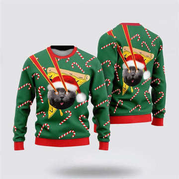 FUNSTUFFPRINT Pizza Black Cat With Laser Eyes Ugly Christmas Sweater For Men And Women, Best Gift For Christmas, Christmas Fashion Winter Ugly Sweater