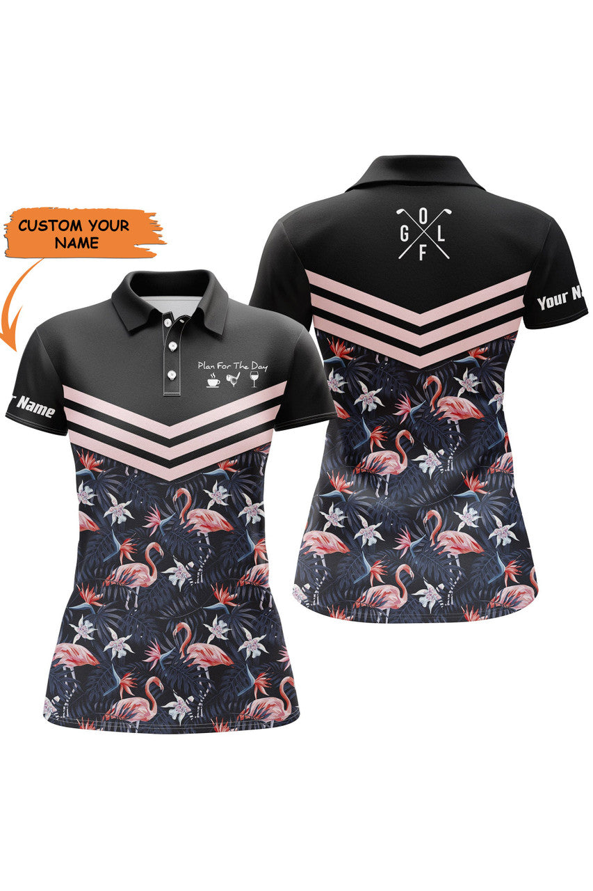 Custom Plan For The Day Coffee Golf Wine Custom Name Womens Golf Polo Shirts Tropical Leaf Flamingo Pattern