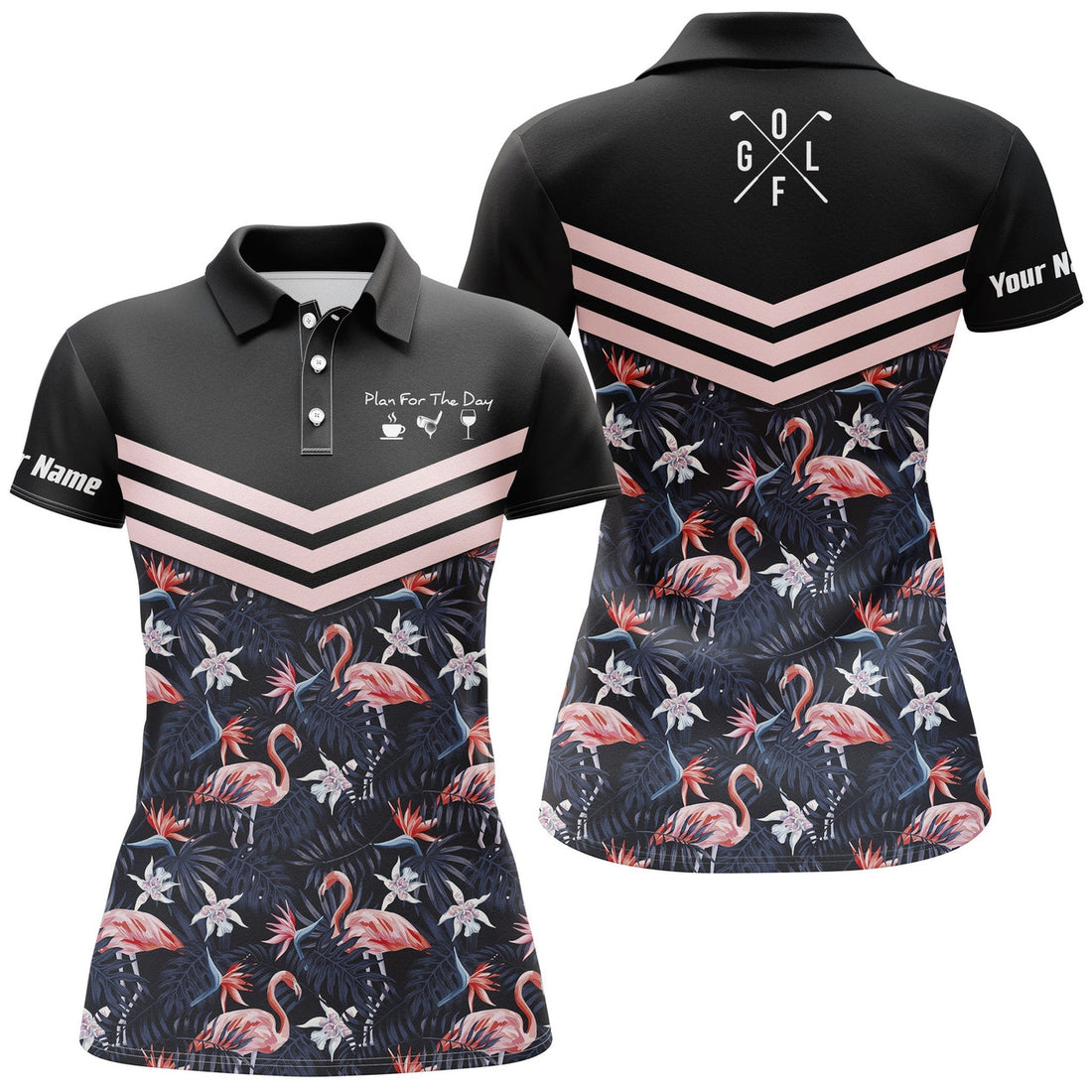 Custom Plan For The Day Coffee Golf Wine Custom Name Womens Golf Polo Shirts Tropical Leaf Flamingo Pattern