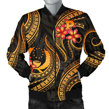 FUNSTUFFPRINT Pohnpei Micronesian Men Bomber Jacket - Gold Plumeria - 3D Bomber Jacket