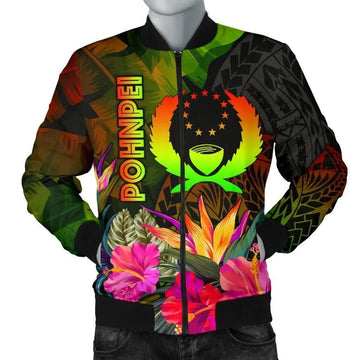 FUNSTUFFPRINT Pohnpei Polynesian Men's Bomber Jacket - Hibiscus and Banana Leaves - 3D Bomber Jacket