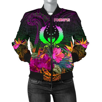 FUNSTUFFPRINT Pohnpei Women's Bomber Jacket - Summer Hibiscus - 3D Bomber Jacket