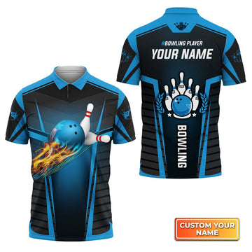 Custom The Blue Bowling Ball in Flames Breaks White Skittles Personalized Name 3D Polo Shirt