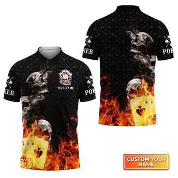 Custom Poker Four Of A Kind Aces Skull On Fire Personalized Name 3D Polo Shirt Gift For Poker Players