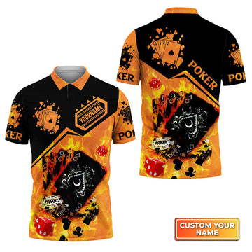 Custom Poker Royal Flush On Fire Personalized Name 3D Polo Shirt Gift For Poker Players