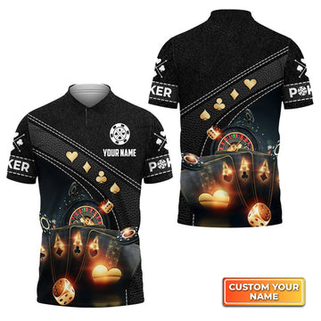 Custom Poker Quad Aces Black Leather Personalized Name 3D Polo Shirt Gift For Poker Players
