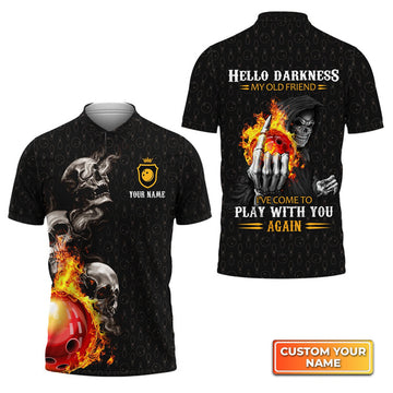 Custom Bowling Skull Hello Darkness My Old Friend Personalized Name 3D Polo Shirt Gift For Bowler
