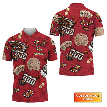 Custom Casino Pattern Red Personalized Name 3D Polo Shirt Gift For Poker Players