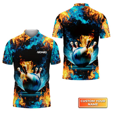Custom Blue Bowling Ball And Pins On Fire Personalized Name 3D Polo Shirt