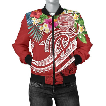 FUNSTUFFPRINT Polynesian American Samoa Women's Bomber Jacket - Summer Plumeria (Red) - 3D Bomber Jacket