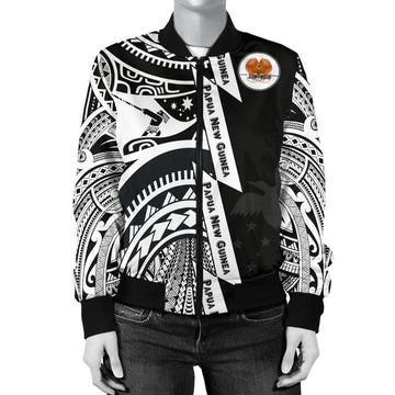 FUNSTUFFPRINT Polynesian Guinea Women's Bomber Jacket - Moana Maui Tattoo With Coat Of Arm Guinea White - 3D Bomber Jacket