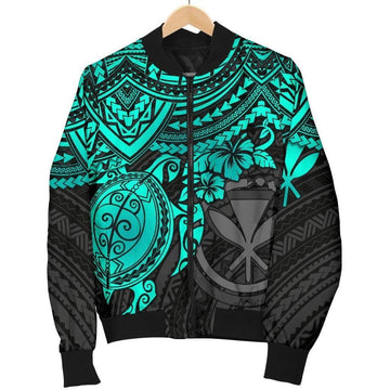 FUNSTUFFPRINT Polynesian Hawaii Bomber Jacket (Women) - Turquoise Turtle - 3D Bomber Jacket