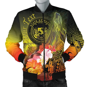FUNSTUFFPRINT Polynesian Hawaii Custom Personalised Men's Bomber Jacket - Humpback Whale with Tropical Flowers (Yellow)- 3D Bomber Jacket