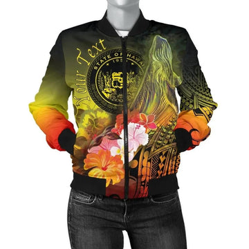 FUNSTUFFPRINT Polynesian Hawaii Custom Personalised Women's Bomber Jacket - Humpback Whale with Tropical Flowers (Yellow)- 3D Bomber Jacket