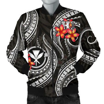 FUNSTUFFPRINT Polynesian Hawaii Men Bomber Jacket - Black Plumeria - 3D Bomber Jacket