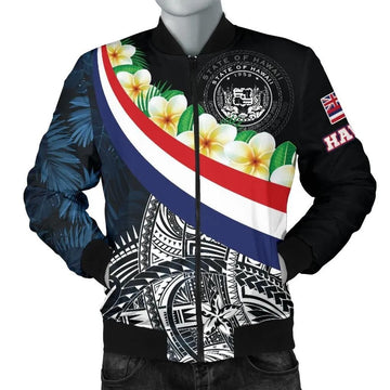FUNSTUFFPRINT Polynesian Hawaii Men's Bomber Jacket - Hawaii Seal With Plumeria Style - 3D Bomber Jacket