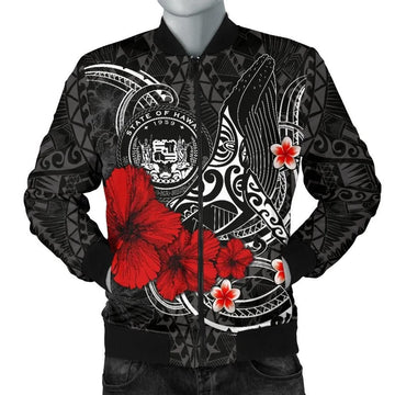 FUNSTUFFPRINT Polynesian Hawaii Men's Bomber Jacket - Humpback Whale with Hibiscus (White) - 3D Bomber Jacket