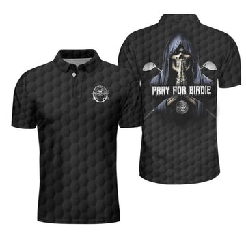Pray For Birdie Golfing Skeleton Polo Shirt, Black Golf Pattern Skull Polo Shirt, Best Golf Shirt For Men