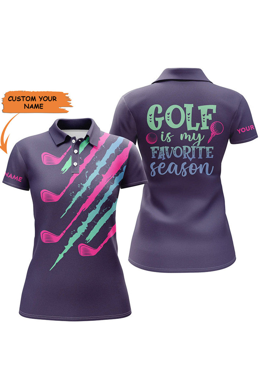 Custom Purple Gradient Womens Golf Polo Shirt Custom Name Golf Is My Favorite Season, Golf Gifts For Women