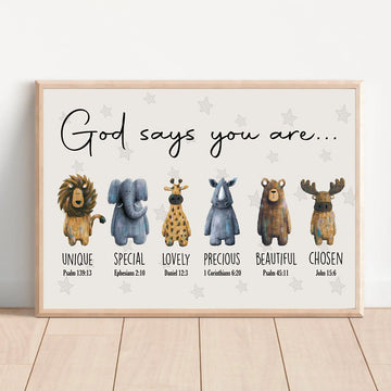 God Says You Are Unique Special Lovely Precious Beautiful Chosen Cute Lion Elephant Giraffe Hippo Bear Reindeer Poster and Canvas