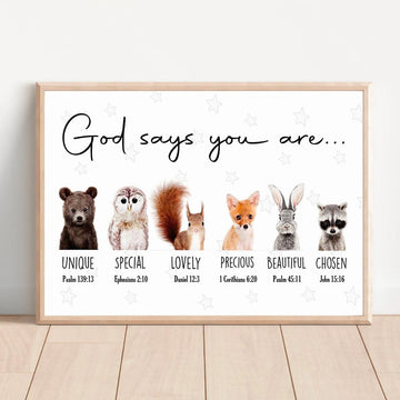 God Says You Are Unique Special Lovely Precious Beautiful Chosen Owl Bear Squirrel Fox Rabbit Raccoon Poster and Canvas
