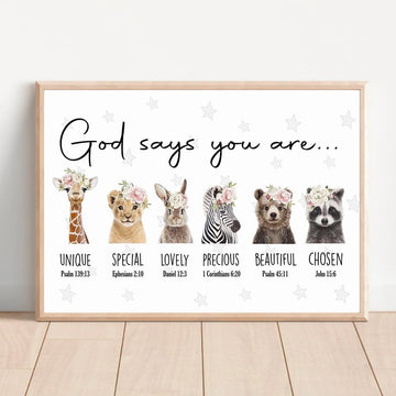 God Says You Are Unique Special Lovely Precious Beautiful Chosen Giraffe Lion Rabbit Giraffe Bear Raccoon Beautiful Flowers Poster and Canvas