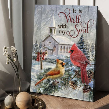 It Is Well With My Soul Couple Cardinal Bird Wooden Cross Red Scarf Church Winter Poster and Canvas