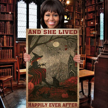 And She Lives Happily Ever After Witch Black Cat Halloween Poster and Canvas