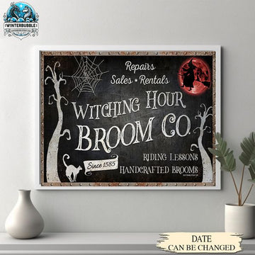 Repairs Sales Rentals Witching Hour Broom Co Riding Lessons Handicraft Brooms Halloween Poster and Canvas