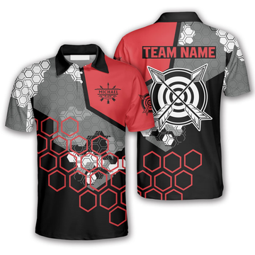 Custom Red Black Honeycomb Pattern Custom Archery Shirts for Men, Archery Polo Shirt