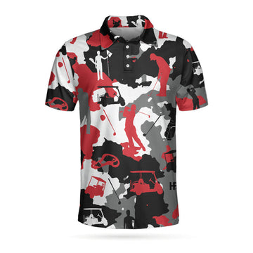Red And White Camouflage Golf Short Sleeve Polo Shirt, Golfer Silhouette Polo Shirt, Camo Golf Shirt For Men
