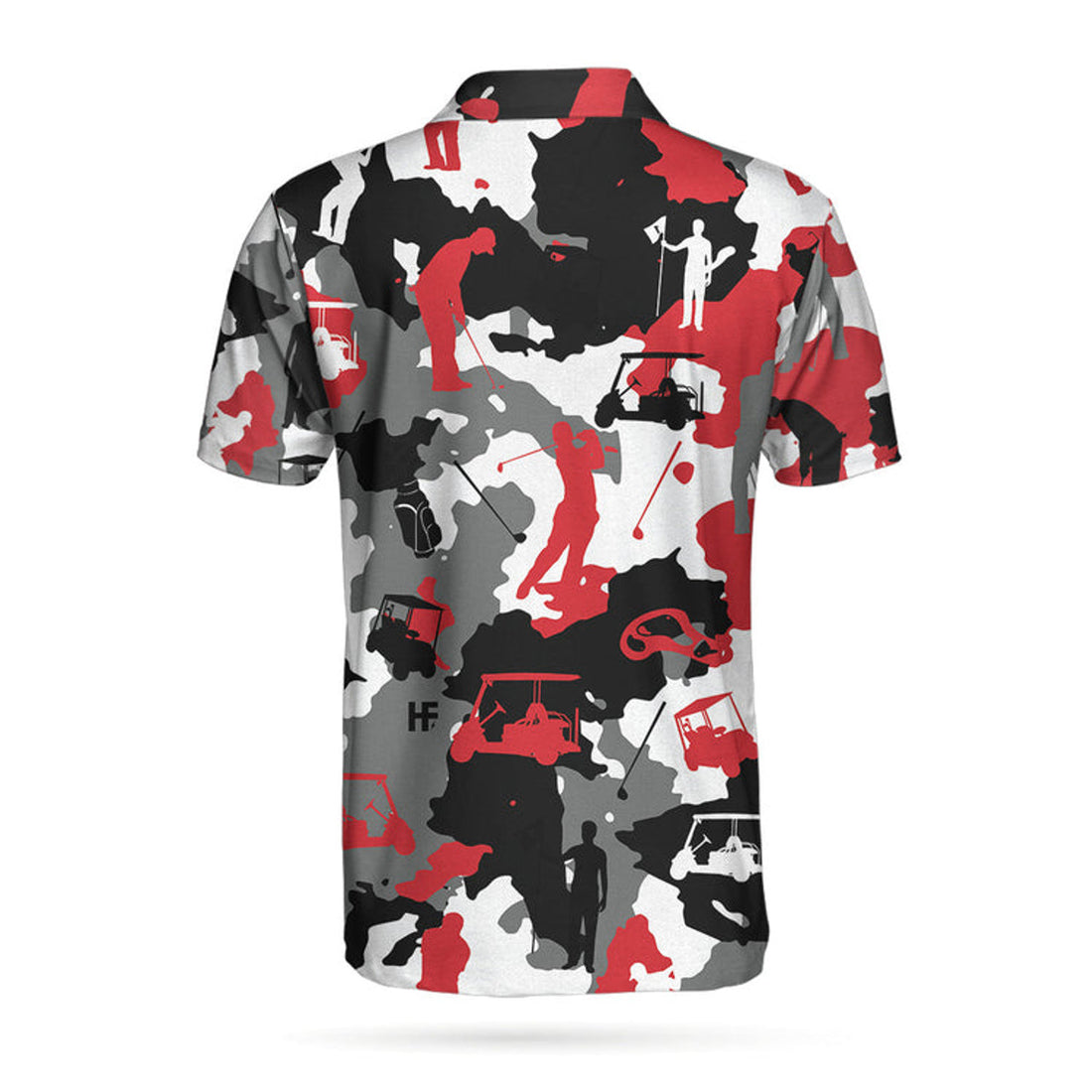 Red And White Camouflage Golf Short Sleeve Polo Shirt, Golfer Silhouette Polo Shirt, Camo Golf Shirt For Men