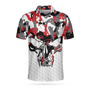 Red And White Camouflage Golf Set Skull Short Sleeve Polo Shirt, Camo Golf Shirt For Men