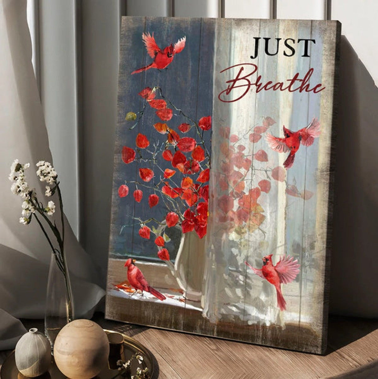 Red Cardinal Red Leaves Just Breathe Canvas Wall Art - Christian Wall Posters - Religious Wall Decor