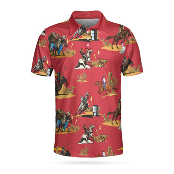 Rodeo Seamless Pattern Short Sleeve Men Polo Shirt, Red Texas Cowboy Polo Shirt, Rodeo Shirt For Male