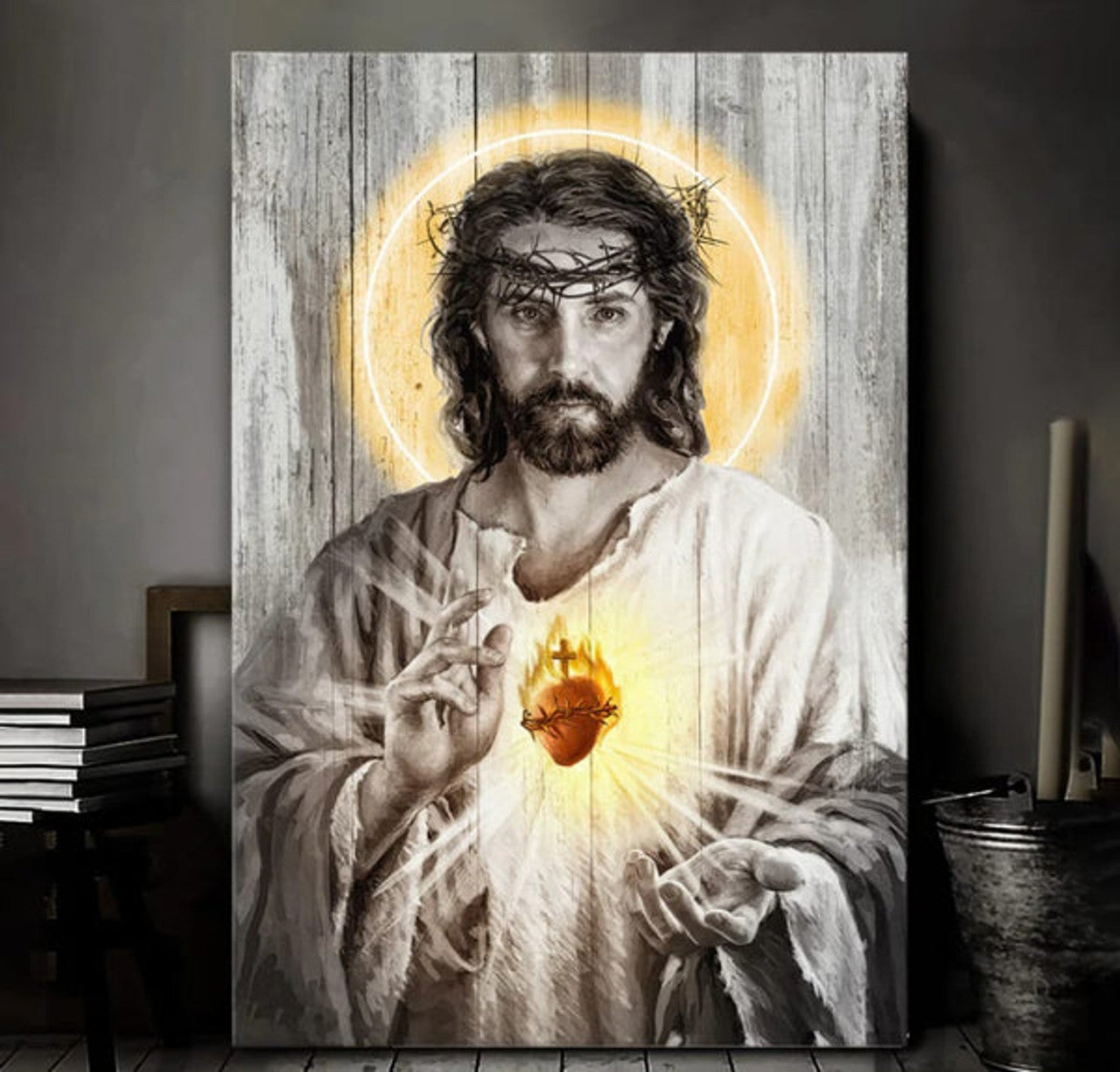 Sacred Heart Of Jesus Halo Light Canvas Wall Art - Christian Wall Posters - Religious Wall Decor