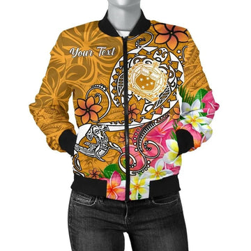 FUNSTUFFPRINT Samoa Custom Personalised Women's Bomber Jacket - Turtle Plumeria (Gold) - 3D Bomber Jacket