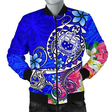 FUNSTUFFPRINT Samoa Men's Bomber Jacket - Turtle Plumeria (Blue) - 3D Bomber Jacket