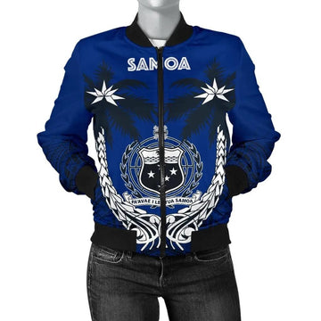 FUNSTUFFPRINT Samoa Polynesian Coconut Women's Bomber Jacket (Blue) 3D Bomber Jacket